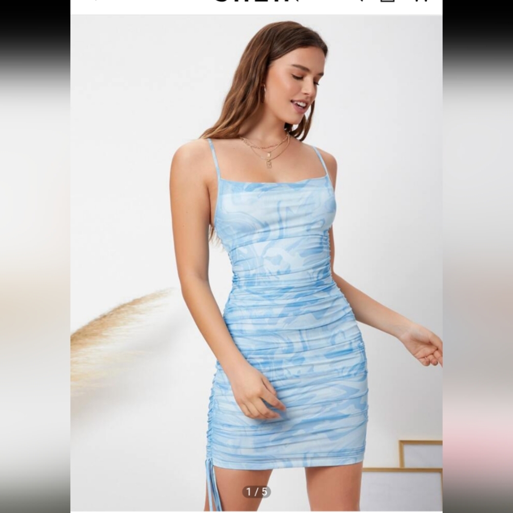 SHEIN Drawstring Ruched Side Tie Dye Mesh Dress